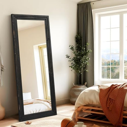 58x22in Full Length Mirror, 3-Tier Stepped Solid Wood Frame, Black - color: Black, size: 58"L x 22"W