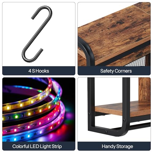 HOOBRO Gaming Floating Shelves for Wall, 26.4" LED wall Shelf Display Rack - color: Rustic Brown + Black