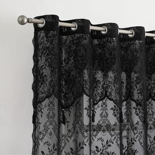 LinenZone 102x84 Black Lace Patio Door Curtain.(Luna 102x84, Black) - color: Black, size: 102"W x 84"L (Pack of 1)