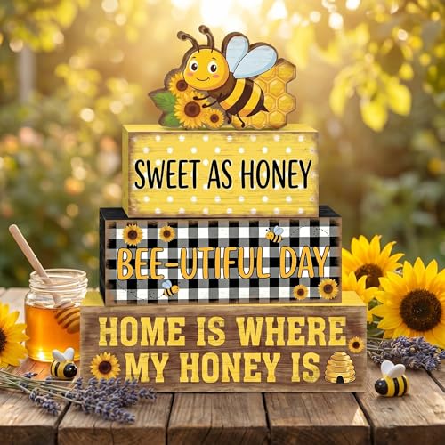 Britimes Bumble Bee Tiered Tray Decor Set, 4 Pack, Wooden Table Sign - style: Bee