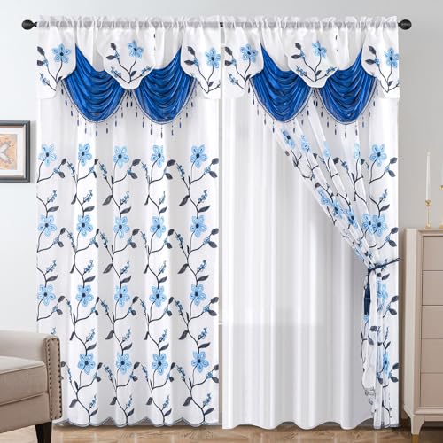 Petrichor Embroidered Sheer Curtain 2 Panels Set - Luxury Window Curtain Attached Valance with Satin Backing and 2 Tie Backs for Living Room,Dining Room, 54x84 inches, Navy - color: Navy, size: 54"W x 84"L (Pack of 1)