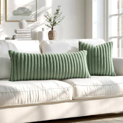 MIULEE Faux Fur Lumbar Throw Pillow Covers 12x20 Set of 2 Sage Green - color: Sage Green, size: 20" x 12" (Pack of 2)