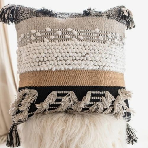 Throw Boho Pillow Cover, 18”x18” Bohemian Moroccan Rustic Decorative Pillows with Tufted Accents, Plush Handwoven Cotton, Textured Woven Neutral Farmhouse Scandinavian Home Decor - color: Black - Square 18x18