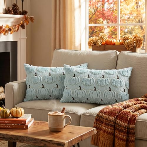 AVOIN colorlife Blue Fall Pumpkin Throw Pillow Covers 12x20 Inch - color: Blue, size: 20" x 12" (Pack of 2)