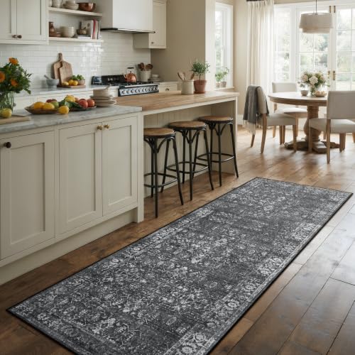 Morebes Black Vintage Rug Runners for Hallway, 2.5x8 Washable Floral Entryway Runner Rug Non Slip, Distressed Indoor Floor Carpet Runner for Kitchen Bathroom Laundry Room Bedroom - color: Black/Multi, size: 2.5' x 8' (Runner)