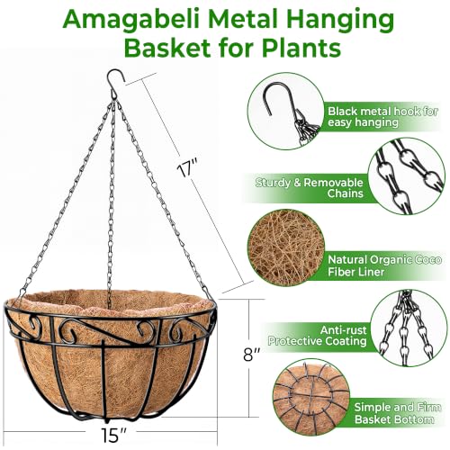 AMAGABELI Garden & Home 4 Pack 15 Inch Plant Hanging Baskets Metal Hanging Planter Flower Pots Outdoor Indoor Wire Hanging Basket for Plants with Coco Fiber Liners Chain for Garden Home Porch Decor