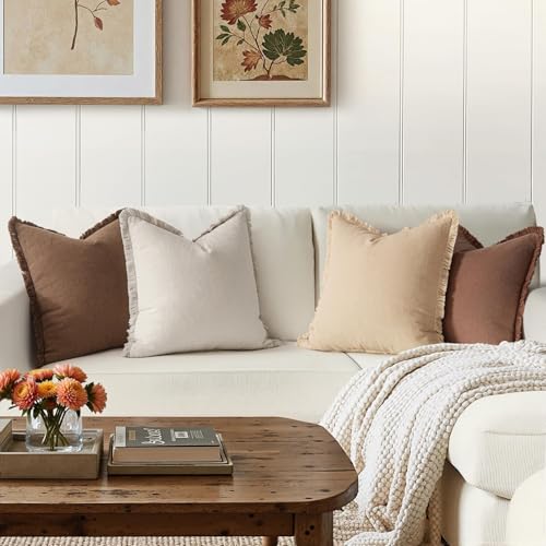 MIULEE Fall Linen Fringe Pillow Covers Set of 4 24x24 Beige/Brown - color: Brown, size: 24" x 24" (Pack of 4)
