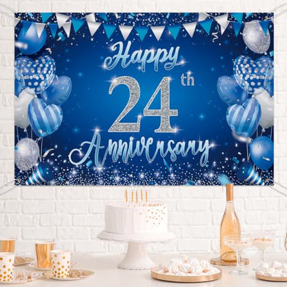 24th Anniversary Backdrop,Blue Silver 24th Wedding Anniversary Background - color: Blue, size: 24th