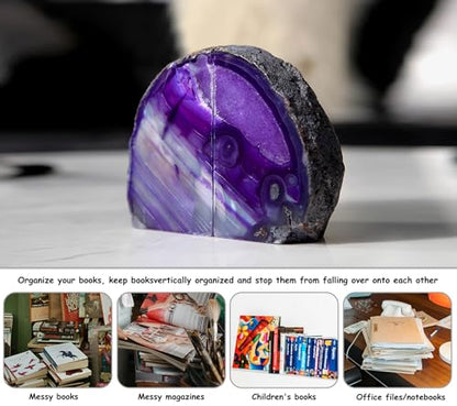 AMOYSTONE Purple Agate Bookends, Small Crystal Book Ends for Bedroom Shelves - color: Purple, size: 2-3 Pounds
