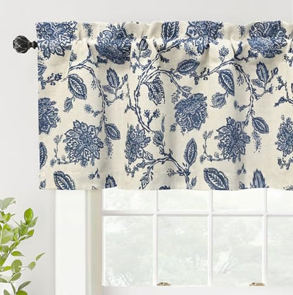 DriftAway Freda Jacobean Floral Linen Blend Blackout Thermal Insulated Energy Saving Privacy Window Linen Curtain Valance Rod Pocket 2 Layers Single 52 Inch by 18 Inch Plus 2 Inch Header Navy Beige - color: Navy, size: 52"W x 18"L (Pack of 1)