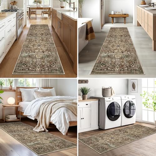 Pauwer Hallway Runner Rug 2x6, Washable Kitchen Runner, Green and Brown - color: Green and Brown, size: 2' x 6' (Runner)