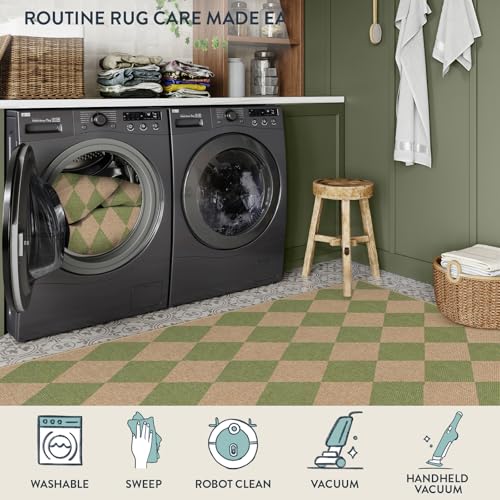 Lahome Checkered Easy Jute Hallway Runner Rug, 2x8 Outdoor Rugs Washable - color: Sage Green/Nature-2, size: 2'6" x 8' (Runner)
