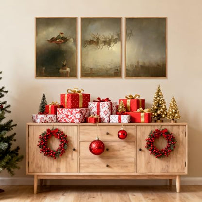 Aurlan 3 Pcs Santa Sleign Rides Framed Canvas Wall Art 16x24 Inch - color: Santa's Sleigh, size: 16"L x 24"W