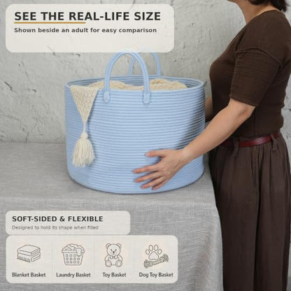 XUANGUO 66L Large Blanket Basket, Round Cotton Rope Basket, Blue - color: blue