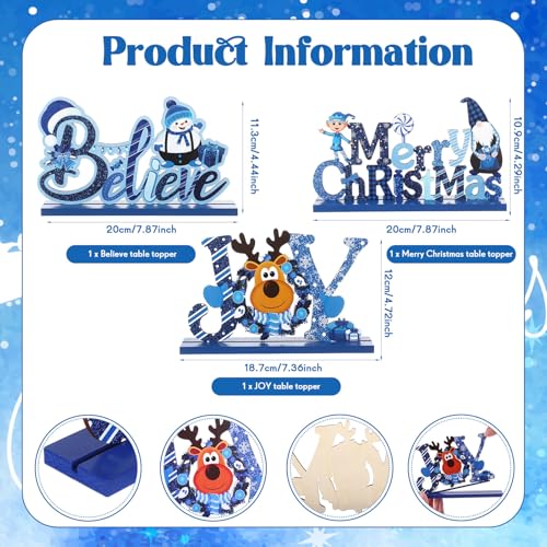 Blulu 3 Pcs Blue Christmas Wooden Signs Tabletop Farmhouse Centerpieces - color: Blue