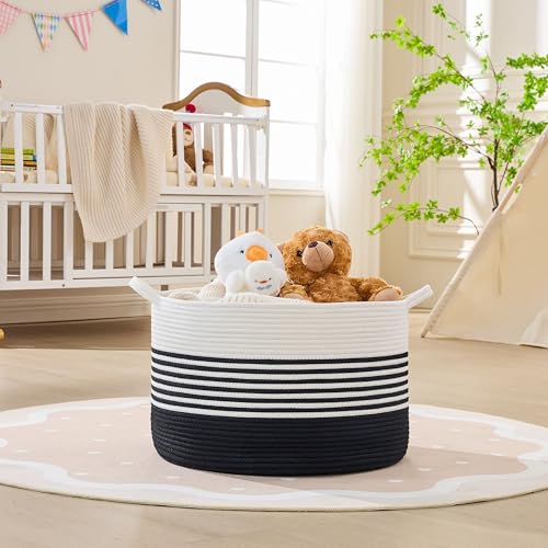 KAKAMAY Large Blanket Basket with Handles, Storage Basket for Living Room - color: Black Stripe