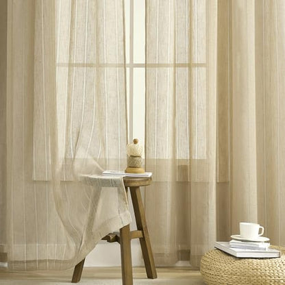 Demetex Semi Sheer Curtains 63 Inches Long Semi Sheer Curtain Panel Striped Texture Window Curtains for Living Room Nursery, Set of 2, 54 x 63 inch Length, Linen - color: Striped Linen, size: 54"W x 63"L (Pack of 2)