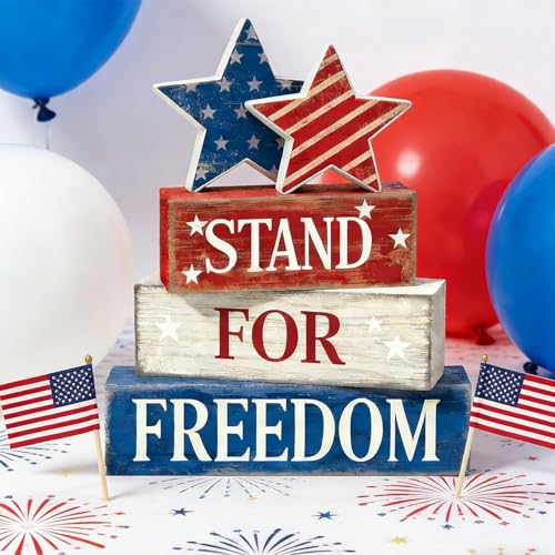 4th of July Table Decorations Patriotic Memorial Day Tiered Tray Decor Wooden Stars Block Signs Independence Farmhouse 250th July Fouth Centerpiece for Tables Wooden Sign for Home Decor - style: July 4th Stars