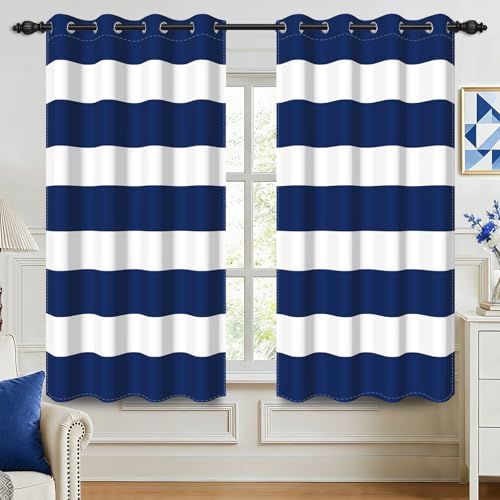 Navy Blue and White Striped Blackout Curtains, Horizontal Stripe Room Darkening Grommet Drapes, Thermal Insulated Patriotic Curtains for Boys Bedroom Living Room Holidays July 4th, 52"W x 63"L - color: 07 Navy Blue - White Striped, size: 52"W x 63"L (Pack