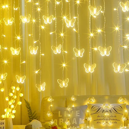 Butterfly Curtain Fairy Lights USB Plug in,120 LED 8 Modes 20FT Firefly Twinkle Icicle String Lights with Remote Timer Waterproof Copper Wire for Bedroom Patio Christmas Wedding Party Dorm(Warm White) - color: Warm White