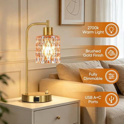 Table Lamps Set of 2, Champagne Glass Dimmable Bedside Lamps for Bedroom - color: Gold&‎Champagne-3