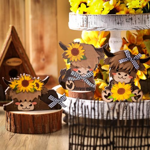 GlikCeil 3 Pcs Sunflower Highland Cow Table Decorations Wooden Centerpiece - style: Sunflower