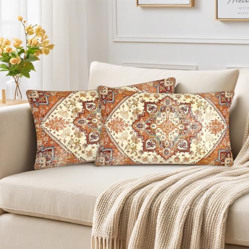 Orange Boho Lumbar Pillow Covers 12X20 Set of 2 Bohemian - color: Red Orange