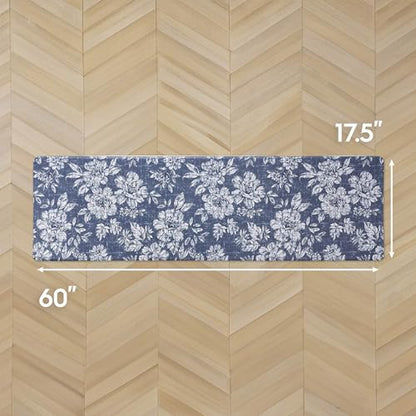 Laura Ashley - Anti-Fatigue Kitchen Mat, Iris Floral Design, Stain, Water & Fade Resistant, Cooking & Standing Relief, Non-Slip Backing, Measures 17.5" x 60", Navy Iris - color: Navy, size: 60"L x 17.5"W x 0.47"Th