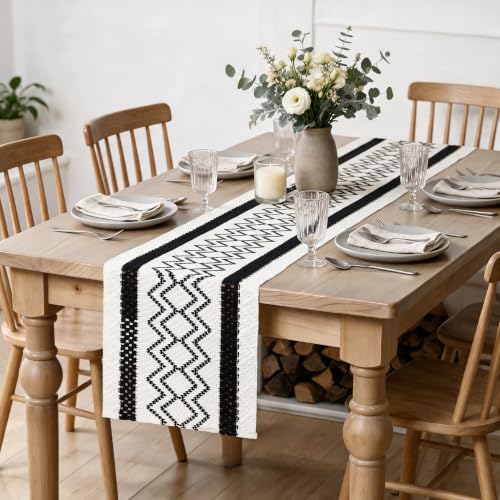 Artoid Mode Black Stripe Diamond Woven Table Runner 12x48 Inch - color: Black, size: 12" x 48", Table Runner