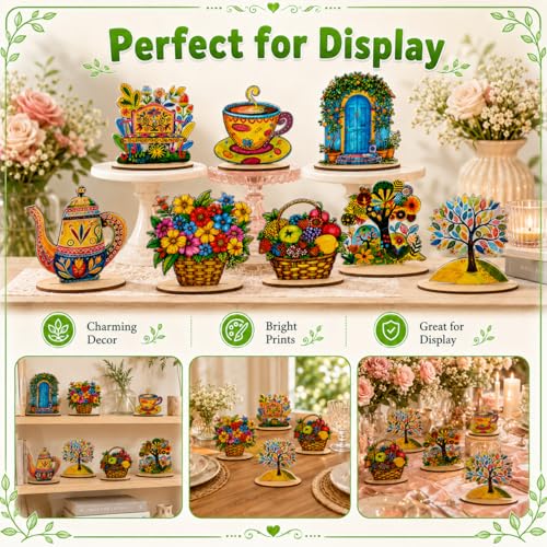 16 Pcs Wooden Table Centerpieces, Tea Party Table Decoration, Flower Teapot Teacup Ornaments for Tiered Tray Birthday Party Baby Shower Wonderland Decoration