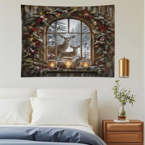 Bgdfhk Christmas Deer Window Scene Decorative Wall Tapestry 30"x40", Soft Polyester Lightweight Tapestry Blanket for Bedroom Living Room Dorm Apartment Home Decor - color: Christmas Deer Window Scene, size: 40"L x 30"W