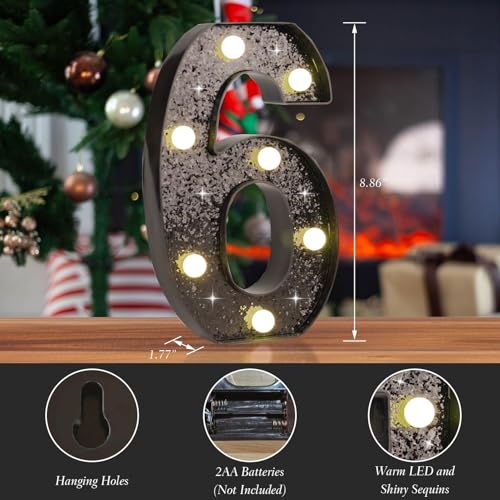 Black Glitter LED Marquee Number 6, Warm White Light Decor Sign - size: Number-6