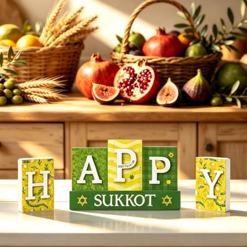 Smile Sukkot Wooden Standing Decor, Happy Sukkot Letter Blocks with Etrog and Star of David Tiered Tray Tabletop Signs for Jewish Holiday Decor - style: Letter Sukkot