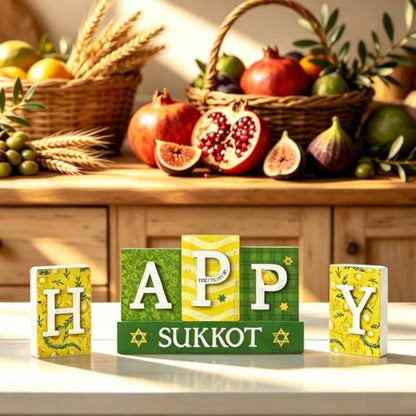 Smile Sukkot Wooden Standing Decor, Happy Sukkot Letter Blocks with Etrog and Star of David Tiered Tray Tabletop Signs for Jewish Holiday Decor - style: Letter Sukkot