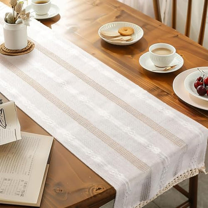 Table Runner, Boho Table Runner Cotton Linen Table Decorations, Farmhouse Table Runners with Tassels for Bohemian Wedding Bridal Shower Rustic Home Dining Table (12x72, White)