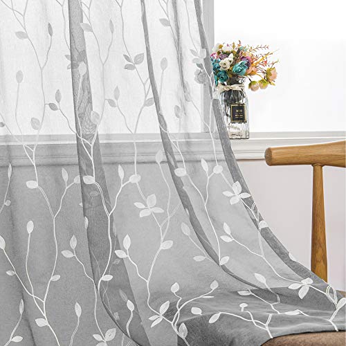 AmHoo 2 Panels Embroidered Leaf Pattern Semi Sheer Curtains Foliage Floral Voile Window Draperies Treatment for Bedroom Living Room Rod Pocket Light Gray 53 x 63 Inch - color: Light Gray, size: 53"W x 63"L (Pack of 2)