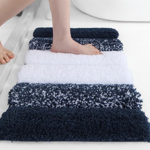 XIYUNTE Shaggy Bathroom Rugs 24x16, Extra Thick 2000GSM Non Slip Bath Mat with Drain Groove Rubber Backing, Washable Quick Dry Absorbent Microfiber Bath Rugs for Bathroom Floor Tub Shower, Blue White - color: Blue White, size: 24” x 16”