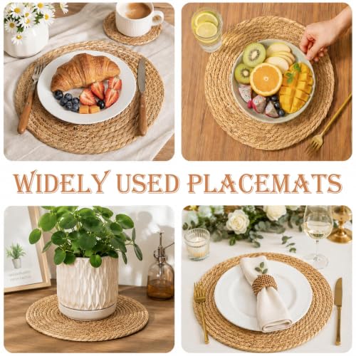 Set of 12 Round Woven Placemats, 13 Inch Rattan Chargers for Dinner Plates, Wicker Placemats, Boho Farmhouse Rustic Braided Jute Table Mats for Kitchen Dining Party Decor