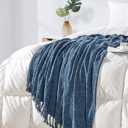 BOURINA Chenille Throw Blanket Boho Throw Outdoor Blanket,50x60Inch Navy - color: Navy, size: 50"×60"