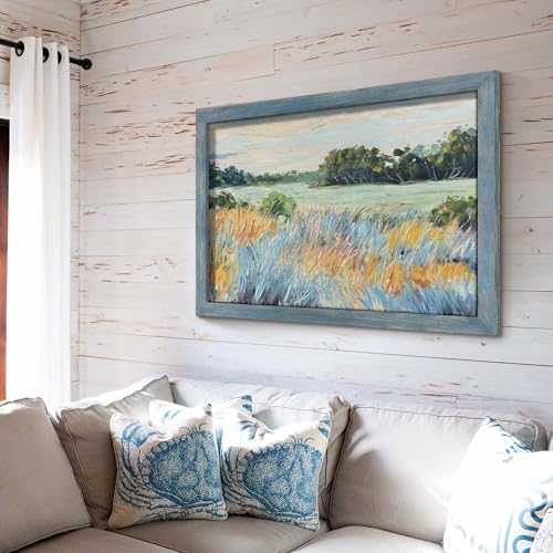 summer melody Abstract Landscape Natural Wood Framed Wall Art 45x30 Inch - color: Teal, size: 45"L x 30"W