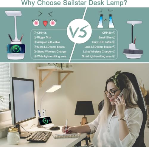 LED Desk Lamp with 10W Wireless Charging & Pen Holder, Snow White - color: Snow White