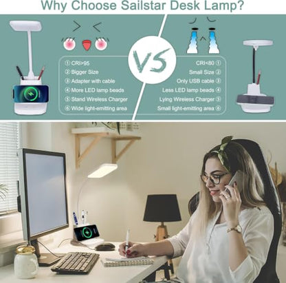 LED Desk Lamp with 10W Wireless Charging & Pen Holder, Snow White - color: Snow White