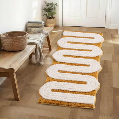 Geometric Design Boho Runner Bathroom Rugs, Long Scalloped Cute Bath Mat Non Slip for Bedroom Kitchen Hallway Laundry Room, Funky Retro Farmhouse Bath Rug Washable, Mustard Yellow, 51"x20" - color: Yellow, size: 1'8" x 4'3" (Rectangular)