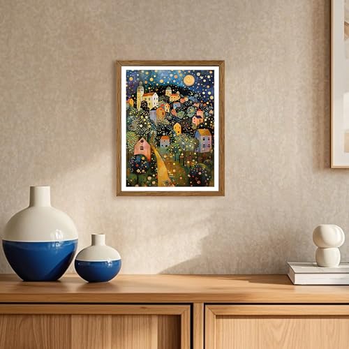 AVECCO Gustav Klimt Style Village Night Wall Art Framed Canvas 8x10 Inch - color: colorful, size: 10"L x 8"W