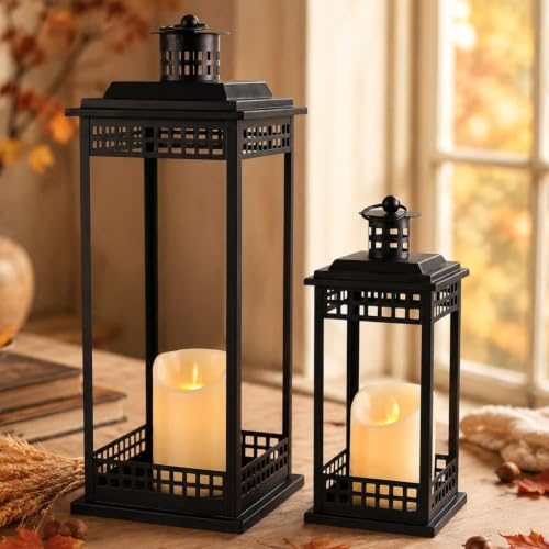 2 Pcs Decorative Lanterns Indoor, Black Lanterns with Candle for Home Decor - size: 17in and 11in
