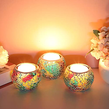 OwnMy 3PCS Mosaic Glass Tea Light Holders Round Bowl Votive Candle Holders - color: Rainbow