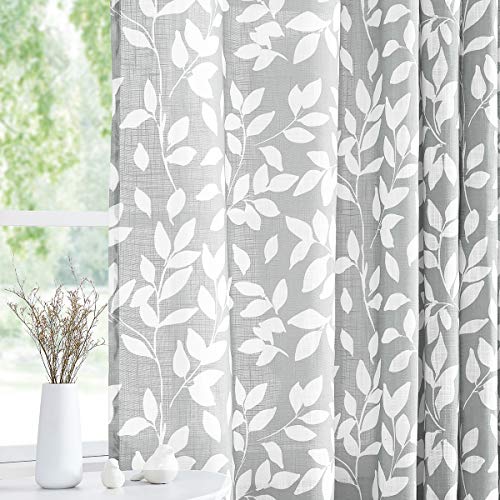 White Grey Leaf Sheer Linen Curtains 52x72"L Bedroom Drapes Farmhouse 2pcs - color: Grey, size: 52"W x 72"L (Pack of 2)