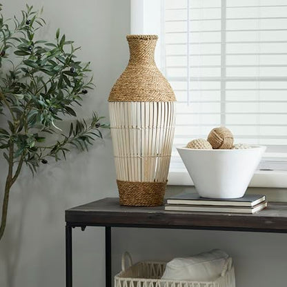 Deco 79 Seagrass Handmade Decorative Vase Wrapped Tall Floor Centerpiece Vase with Open Framed Cream Bamboo Center, Vase for Home Decoration 10" x 10" x 25", Brown - size: 10" x 10" x 25"