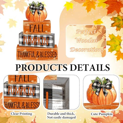 4 Pcs Fall Decor for Home Buffalo Plaid Pumpkin Wooden Signs with Blessed - style: Grid Pumpkin