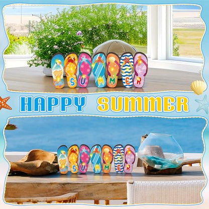 Yousoontic Summer Beach Flip Flop Table Centerpiece Decor - 3D Wooden Slippers Sign with LED Lights, Hawaii Luau Tropical Decor for Home Mantel, Desk & Party - style: Summer